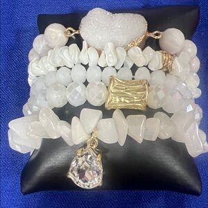 White Gemstone and Gold Accent Stretch Bracelet Set